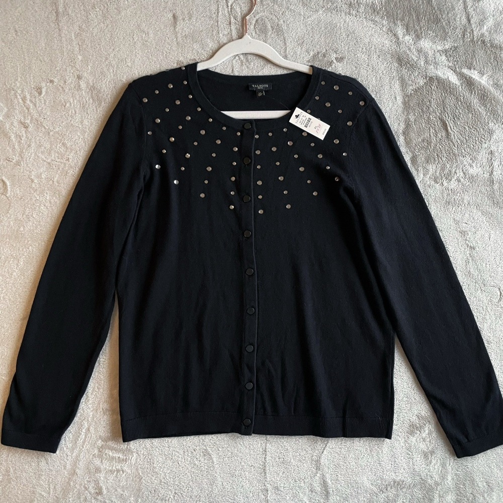 Talbots Cashmere Blend Sweater Cardigan Size LP Large Petite Black Evening Bling